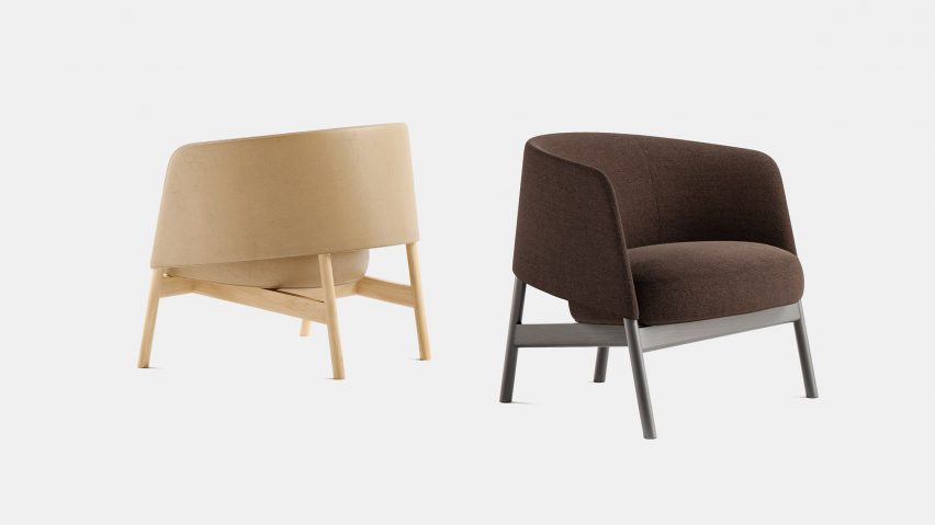 Image of two curved back arm chairs in different material finishes