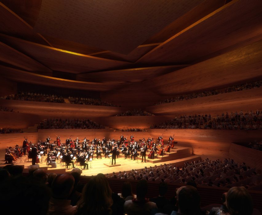 Interior render of a wood-lined concert hall