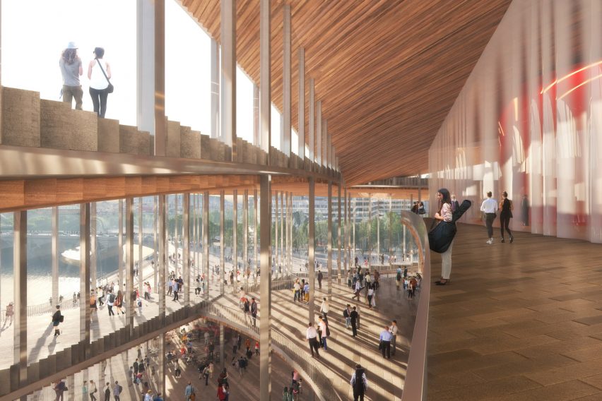 Interior render of the timber lined The Vltava Philharmonic Hall