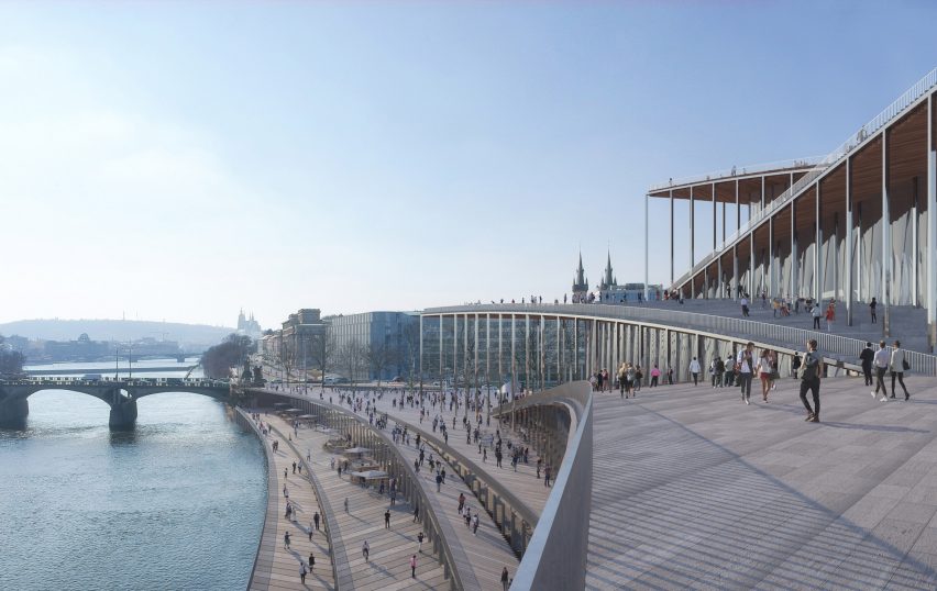 Render of the elevated walkways at The Vltava Philharmonic Hall and its surroundings