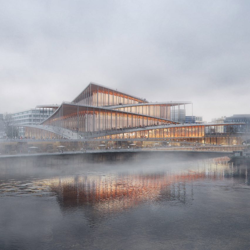 Render of the Vltava Philharmonic Hall from the river