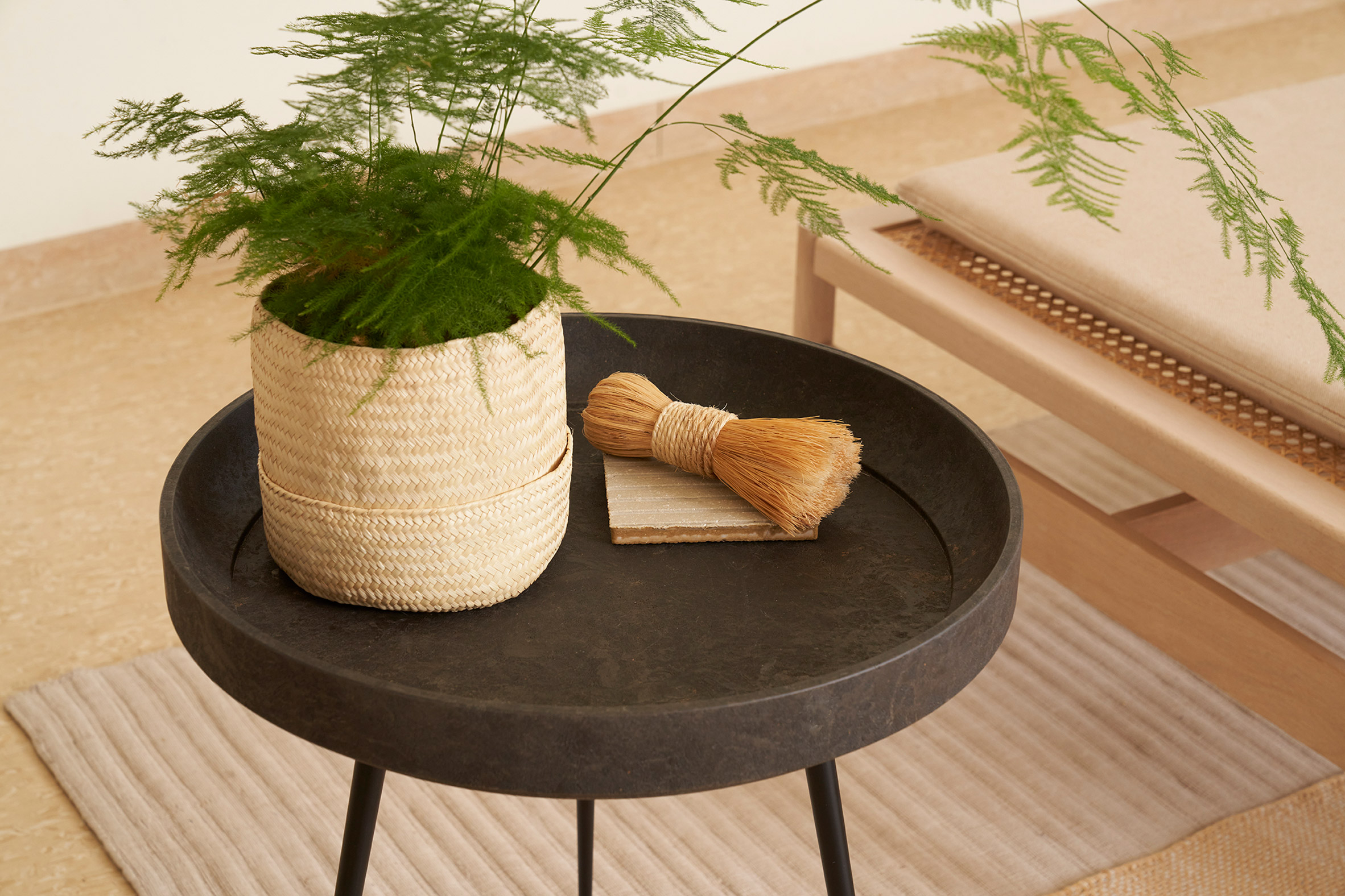 Brown Bowl table by Mater with a plant on top