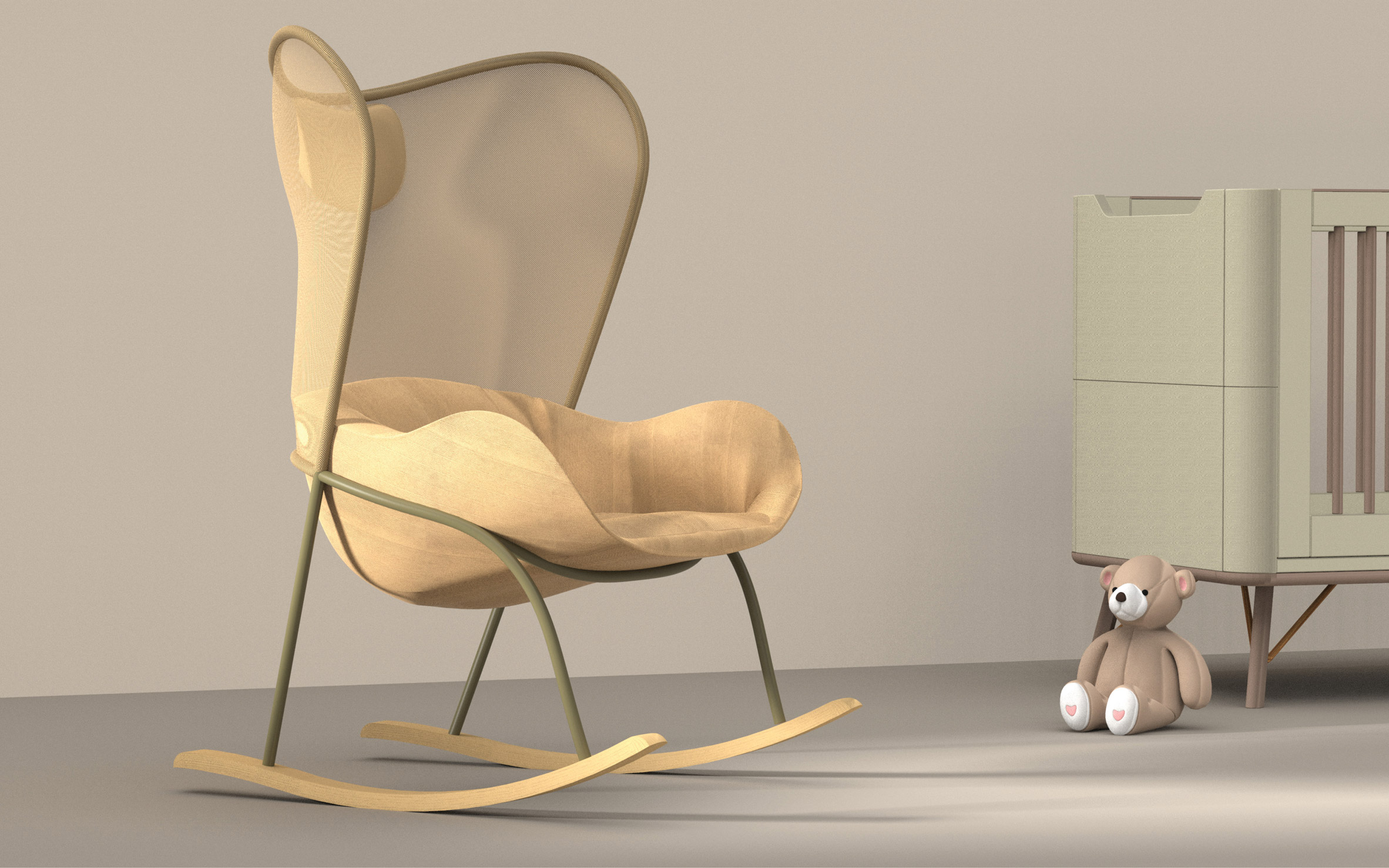 A render of the yellow Boya Nursing Chair by Boya Zhang