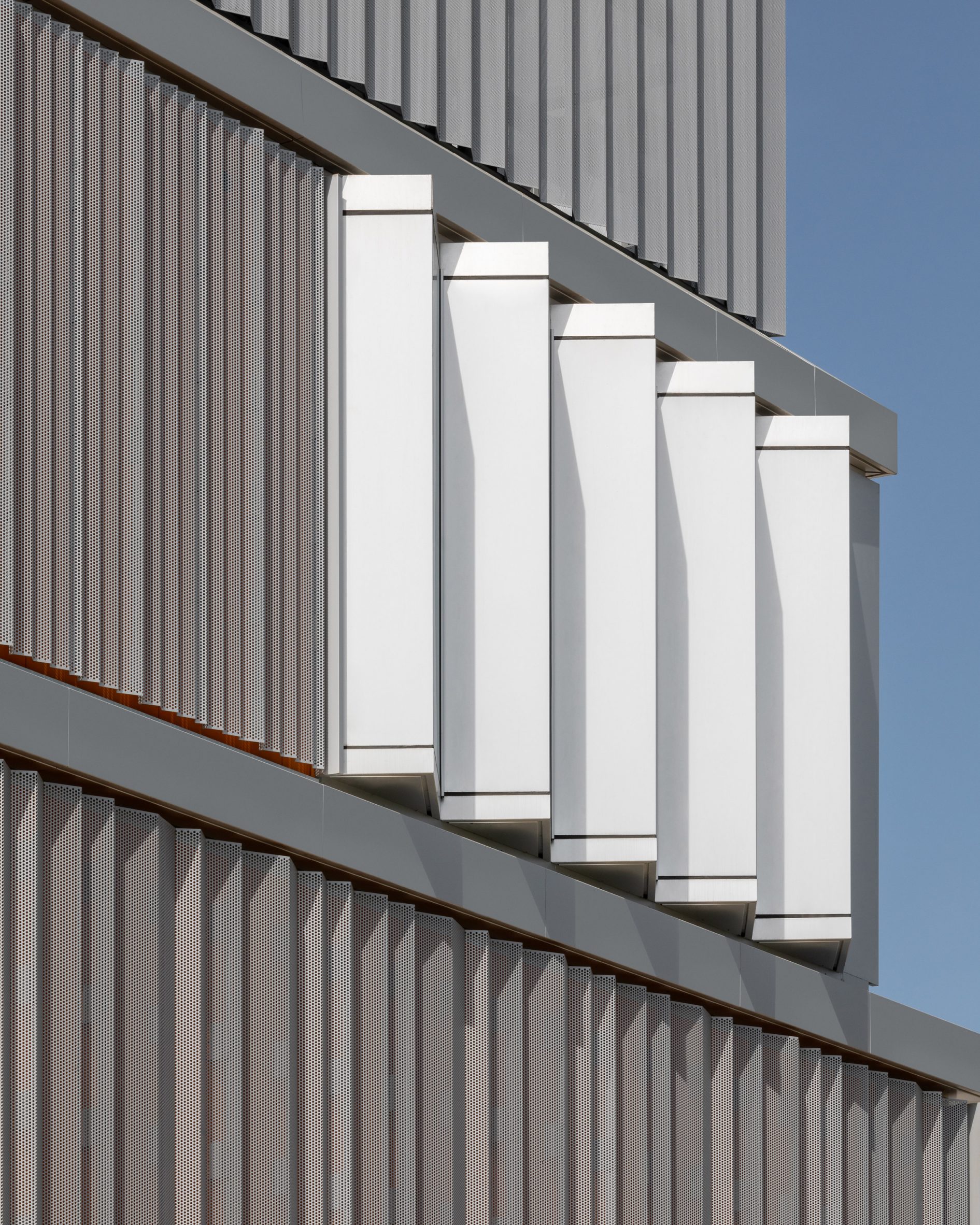 Detail image of the zig zagging facade panels at West Hub