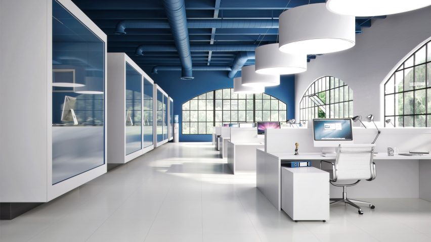White Chart tiles used in an office with a blue ceiling