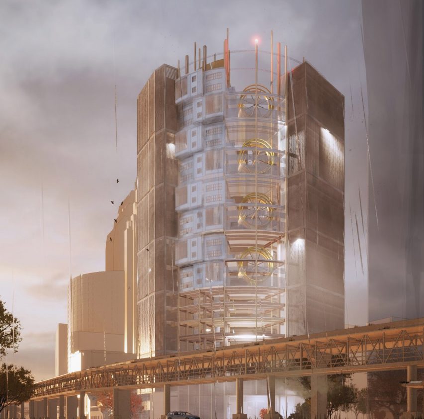 Architectural render of a skyscraper with rail bridge in front