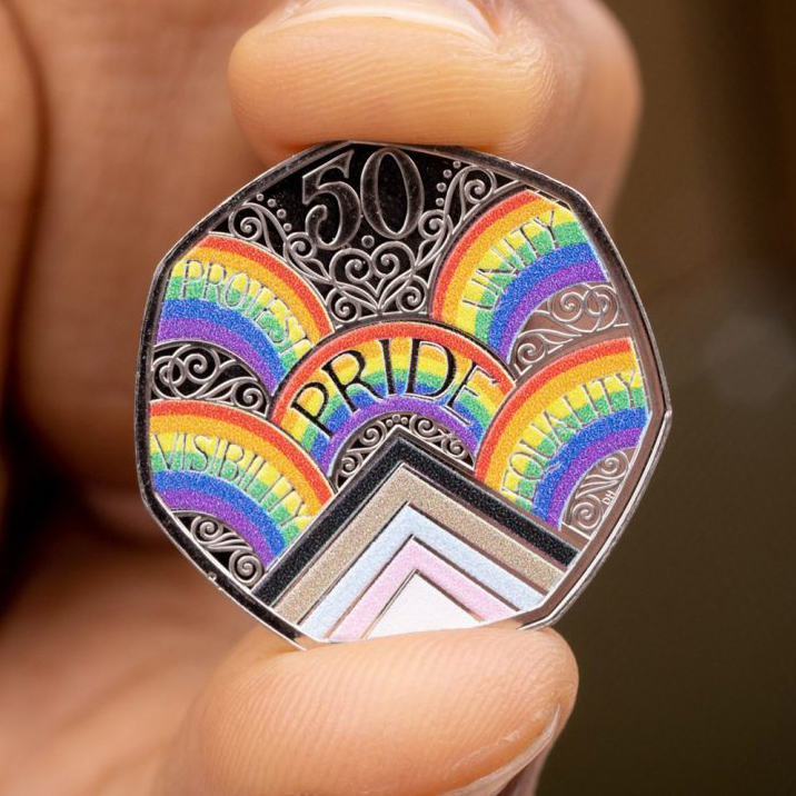 A 50p coin with colourful rainbows