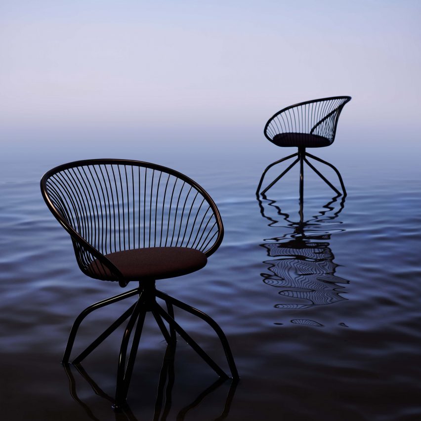 Two Coquille chairs by Lensvelt on a rippled water surface