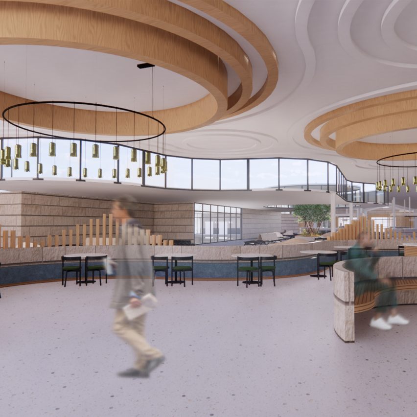 Interior render of an airport design with circular features on the ceiling