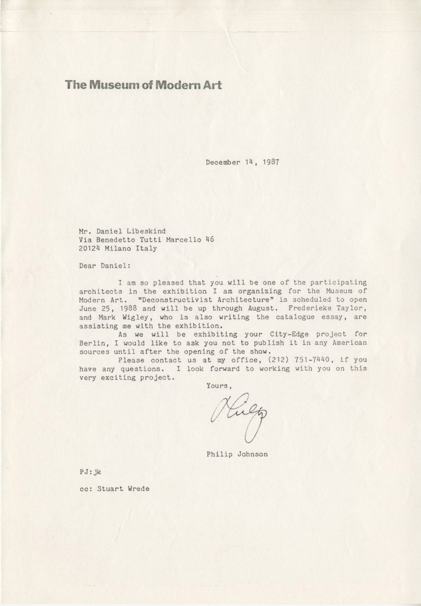 Letter to Daniel Libeskind from Philip Johnson