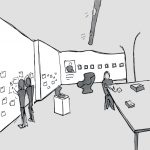 Black and white sketch of participants at the Design Dialogues exhibition