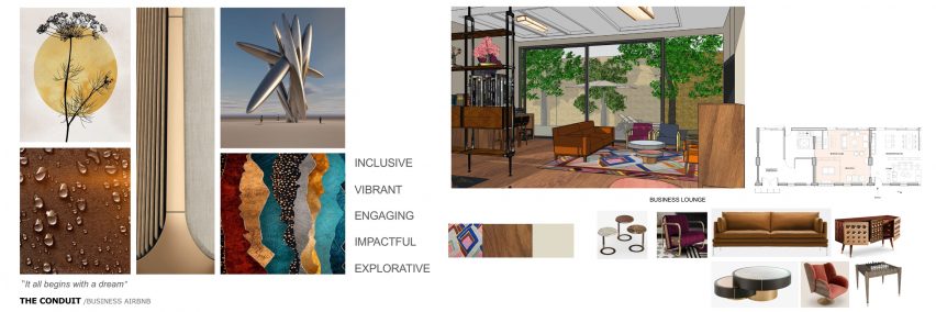 Render and moodboards for The Conduit - Business Airbnb by Dimitra Loi-Theodorikakou