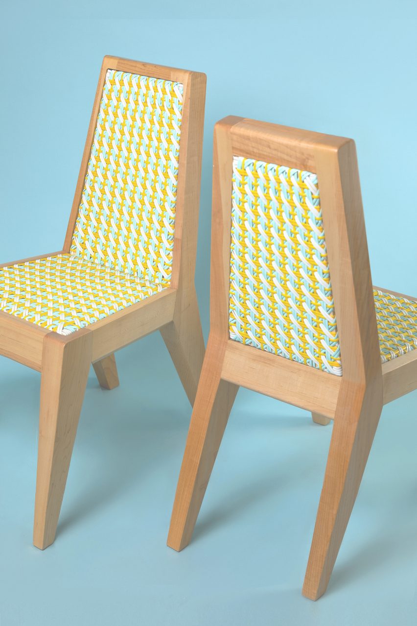 Two Dina chairs by Beit Collective with yellow and blue woven seats and backrests