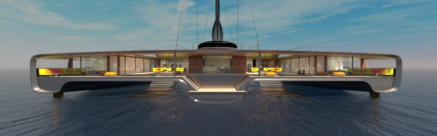 Rendering of the main deck of the Domus Trimaran with lounges and living spaces stretching the whole width of the deck
