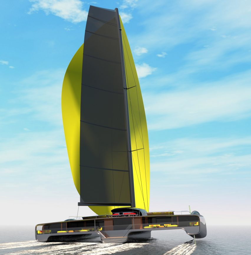 Rendering of the Domus luxury trimaran sailing on the sea