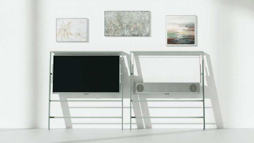 Two Easel OLED displays folded and leant against a white wall – one on TV mode and the other on transparent mode