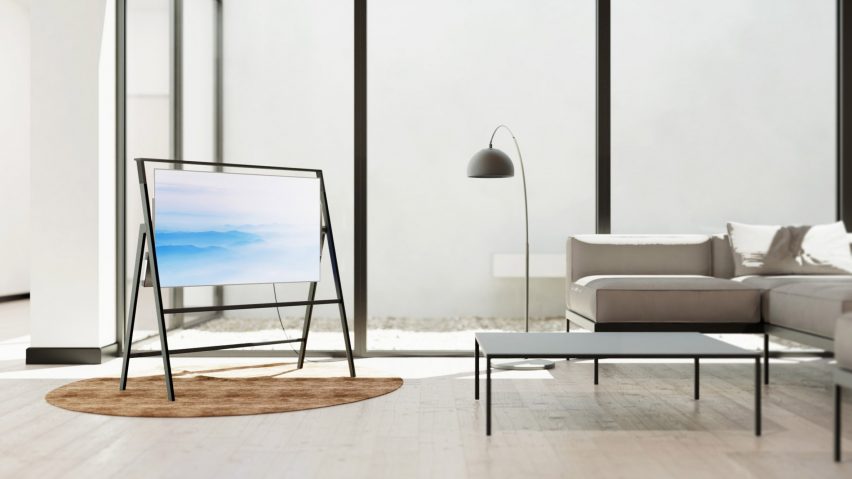 Easel OLED display situated in a contemporary living room interior