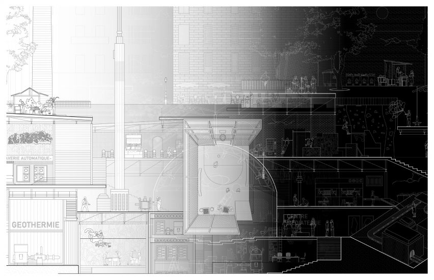Black and white architectural section drawing