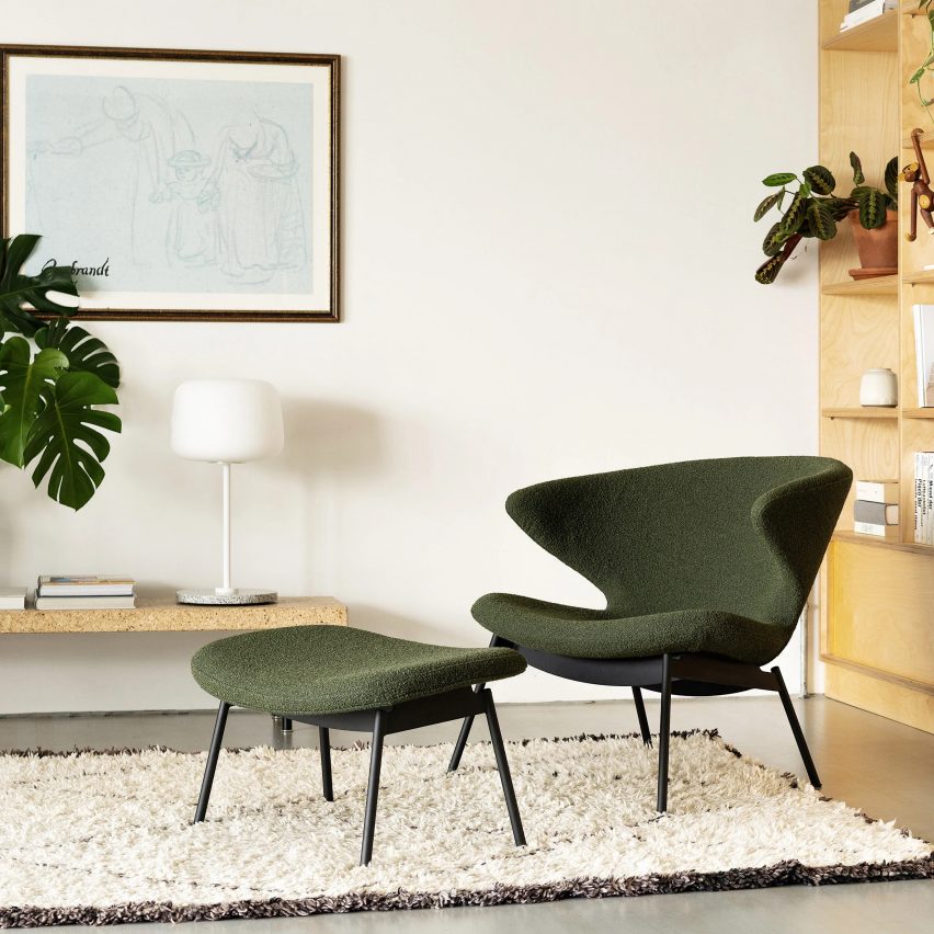 Green Elle chair and matching ottoman in a living space