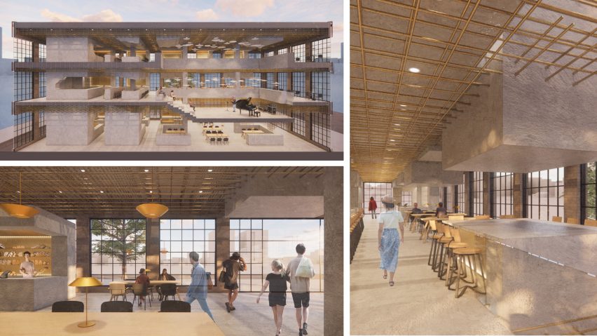 Two interior renders and a perspective section of a student food market project
