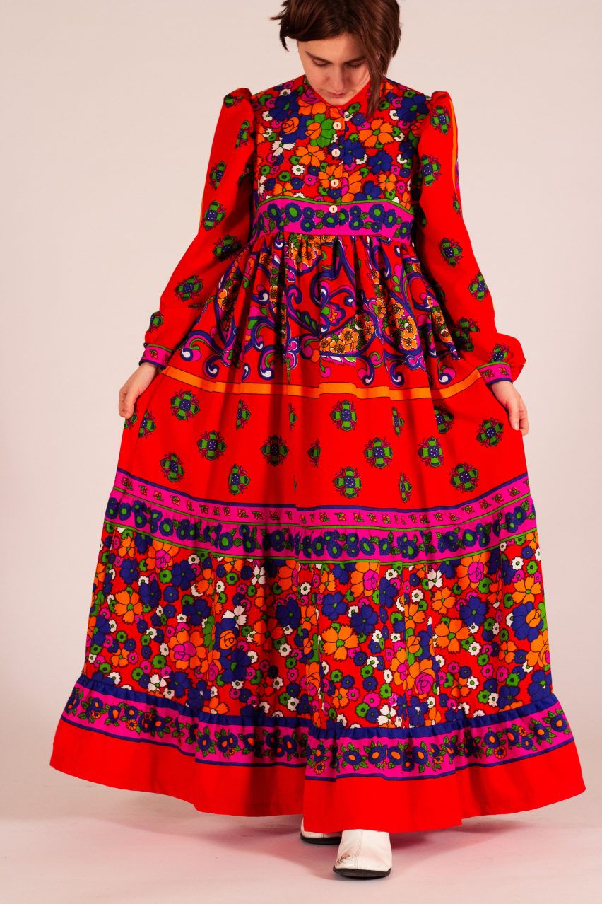 A red and patterned Muladhara Dress by Hazel Lovecraft