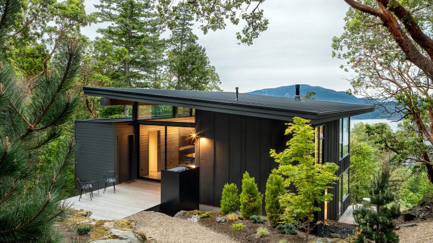 Buck Mountain Cabin has a rectilinear form and is nestled between trees