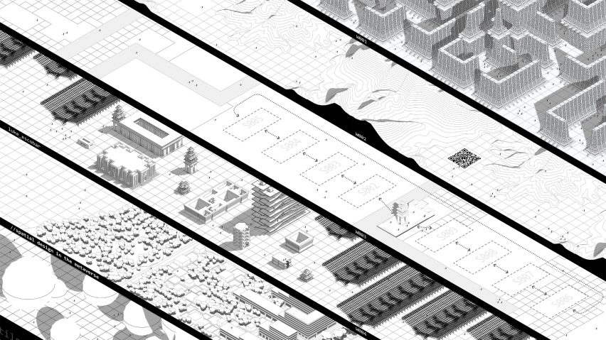 A series of black and white axonometric drawings ribboned across the page