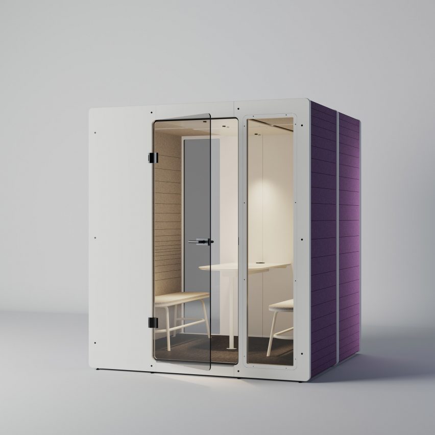 White and purple Chatpod 700 by Impact Acoustics with seating inside