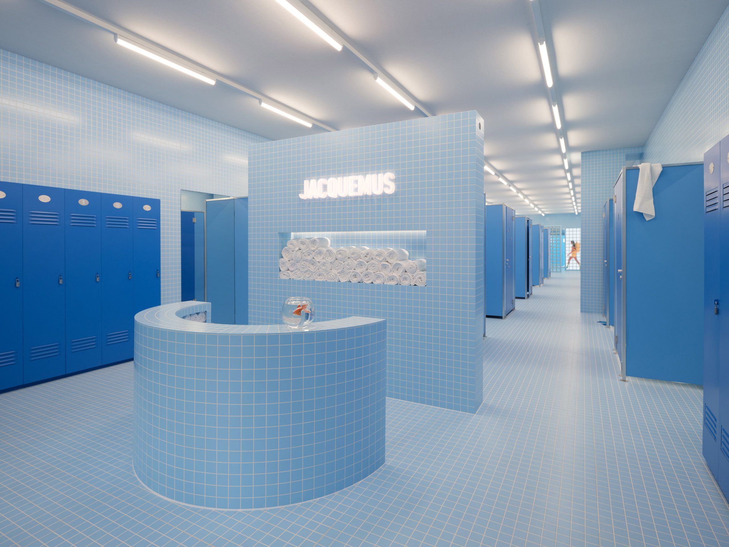 Interior image of the mock swimming pool changing rooms at Le Bleu 