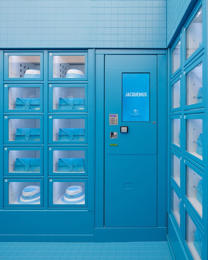Bags and hats fill the slots at the Le Bleu vending machine