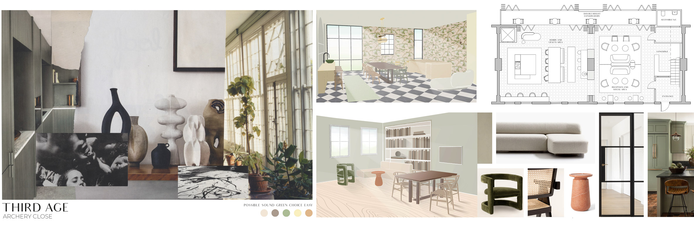 Moodboard, interior renders and plan of Third Age - A co-living concept for the ageing population by Kristin Björkman