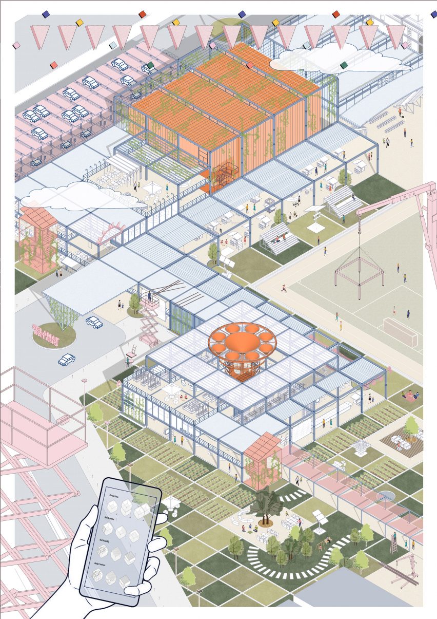 Colourful axonometric drawing of a boxy site plan