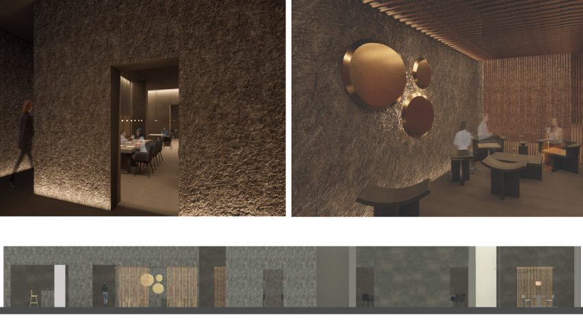 two interior renders and one long section of a student's Japanese restaurant design