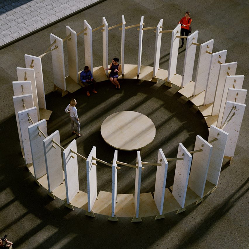 An aerial view of columns in a circle