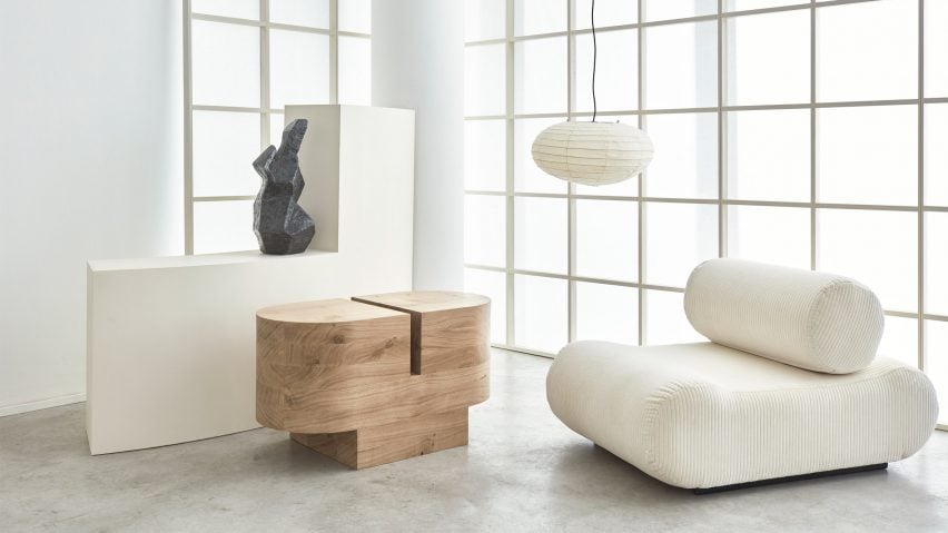 Low Collectioin wooden and fabric sculptural chairs