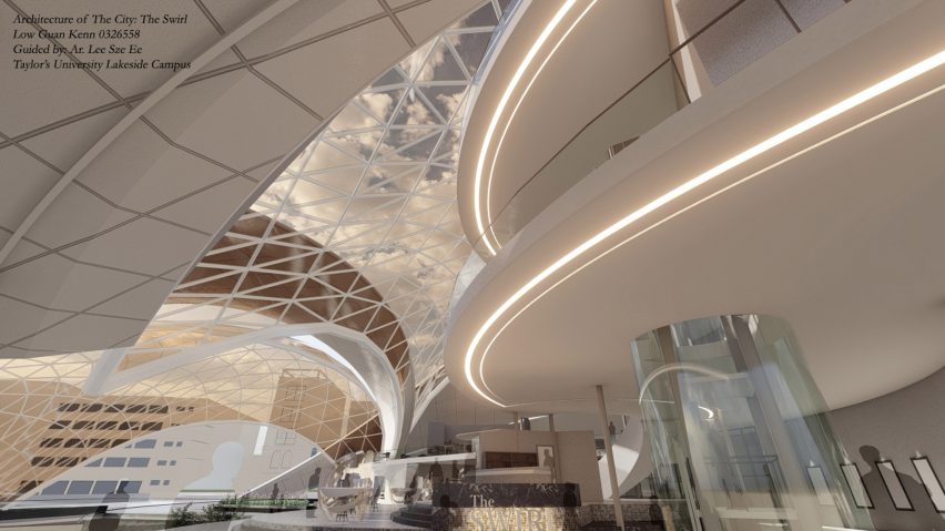 Interior render of a curved building by student at Taylor's University