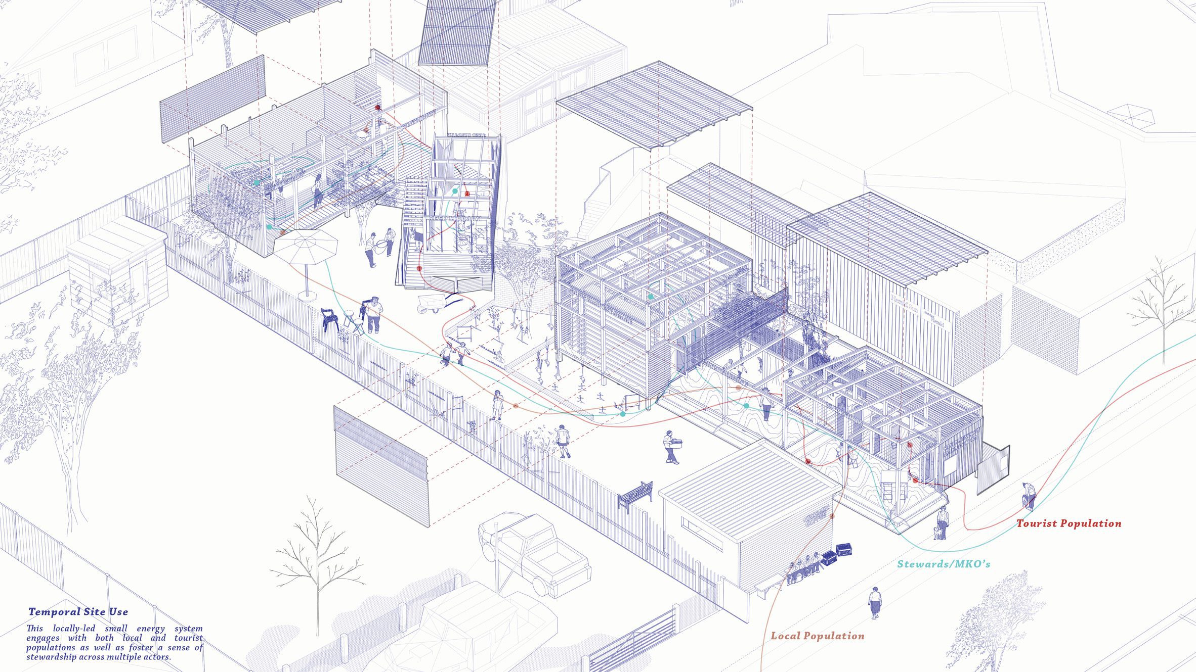 Blue axonometric drawing by a masters architecture student at Monash University