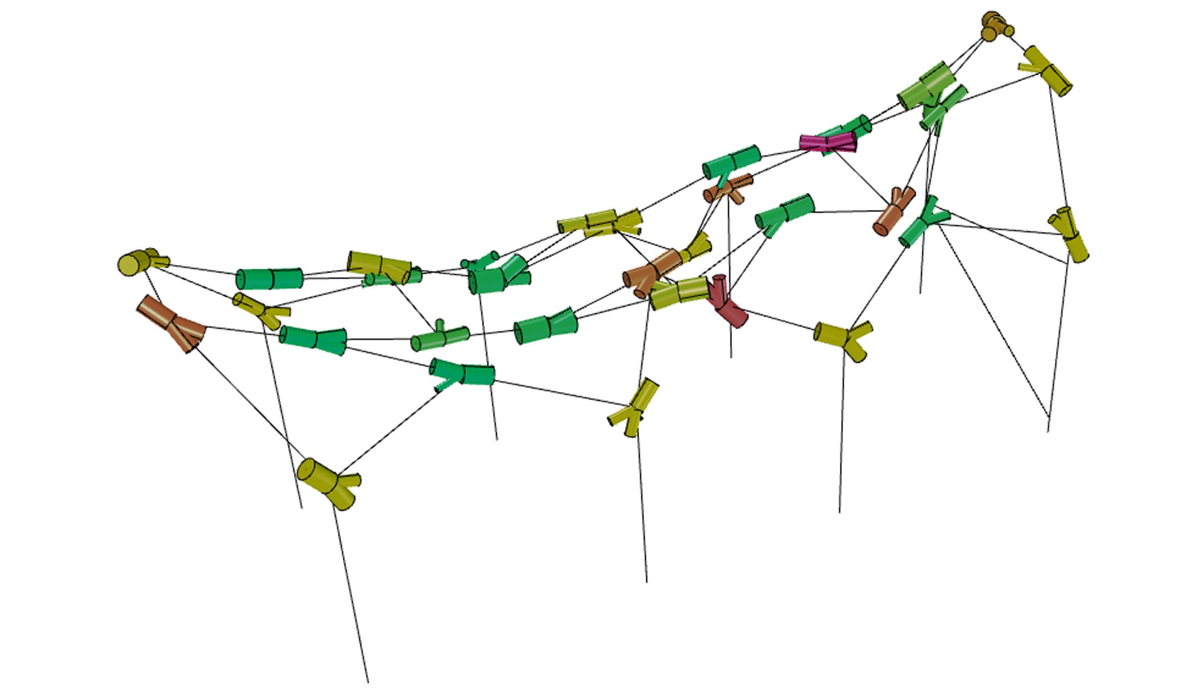 Digital architectural design showing tree forks matched to nodes, with good matches in green, poor in red and okay in yellow