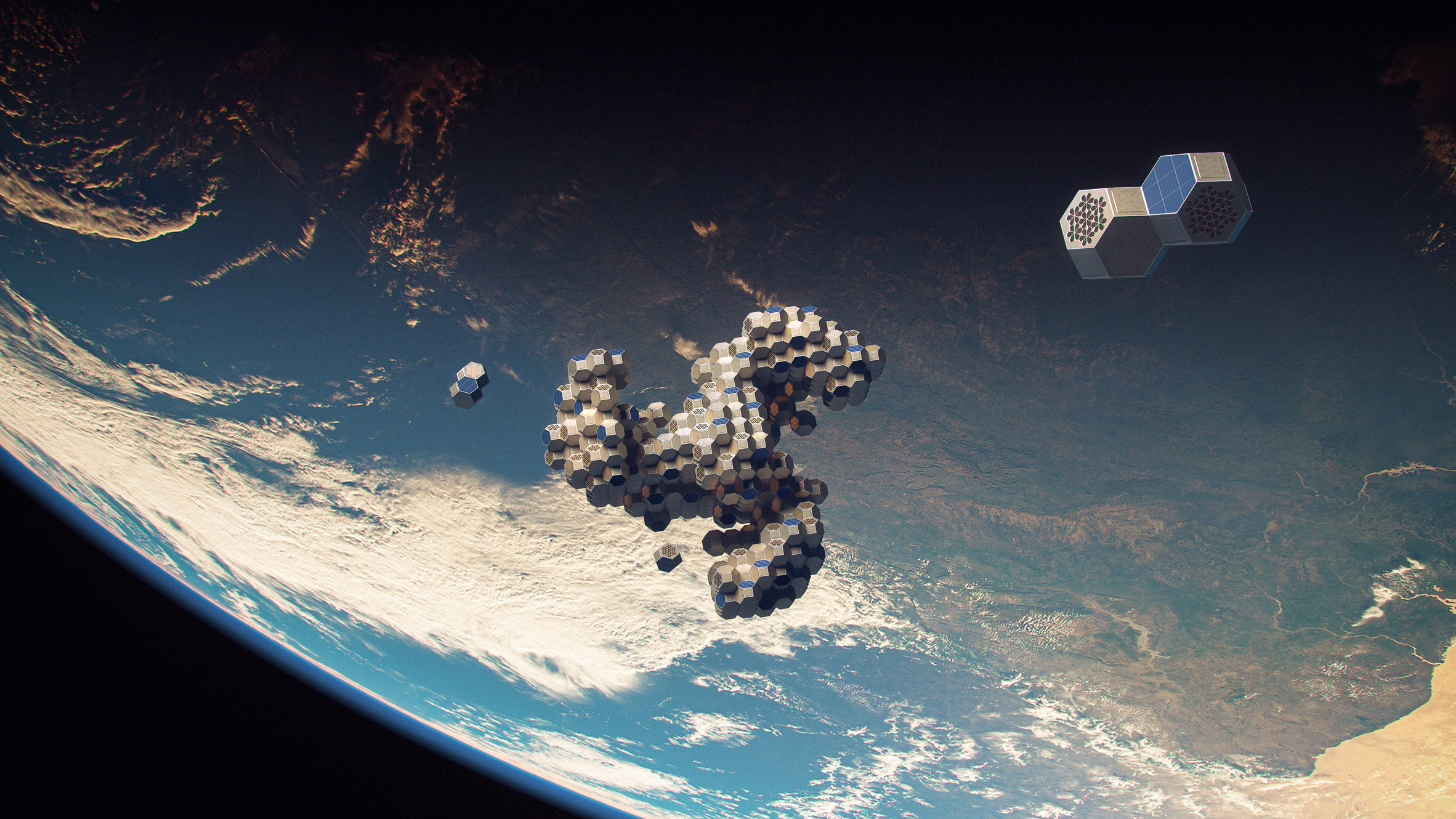 Space station structures floating above earth