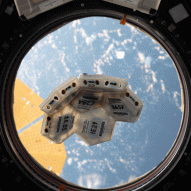 White tiles floating outside a window in space