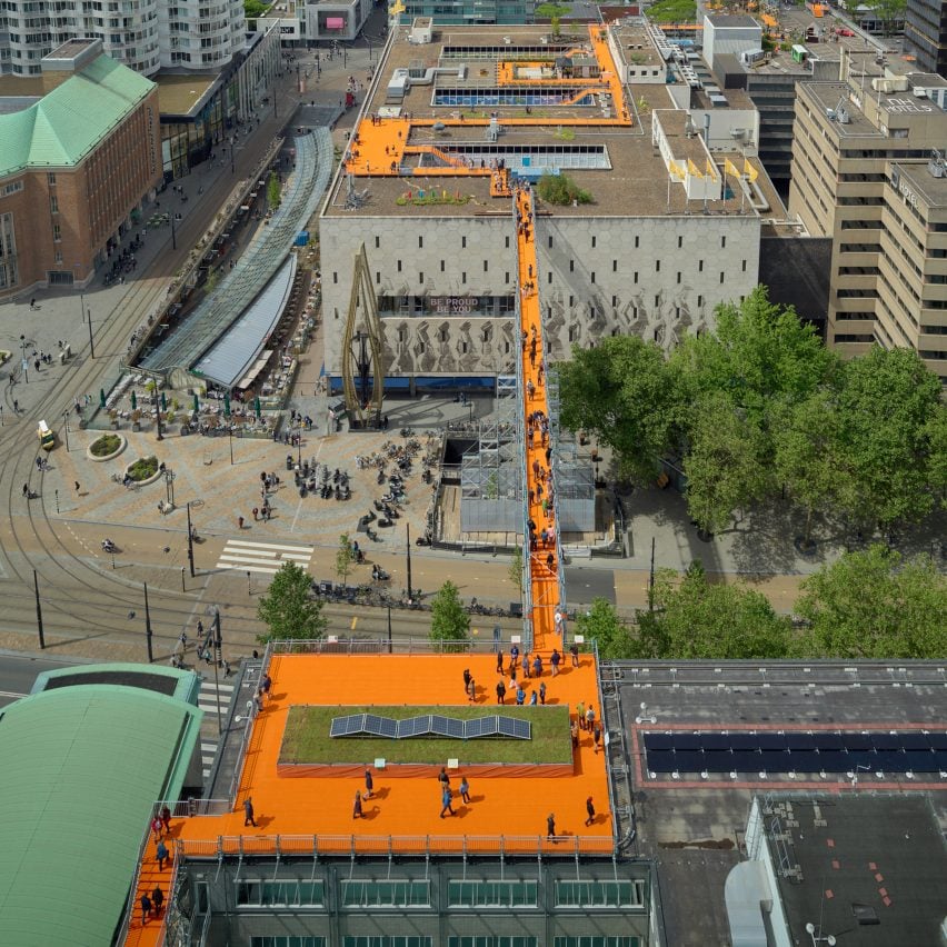 Rotterdam Rooftop Walk is a 600 metre orange walkway
