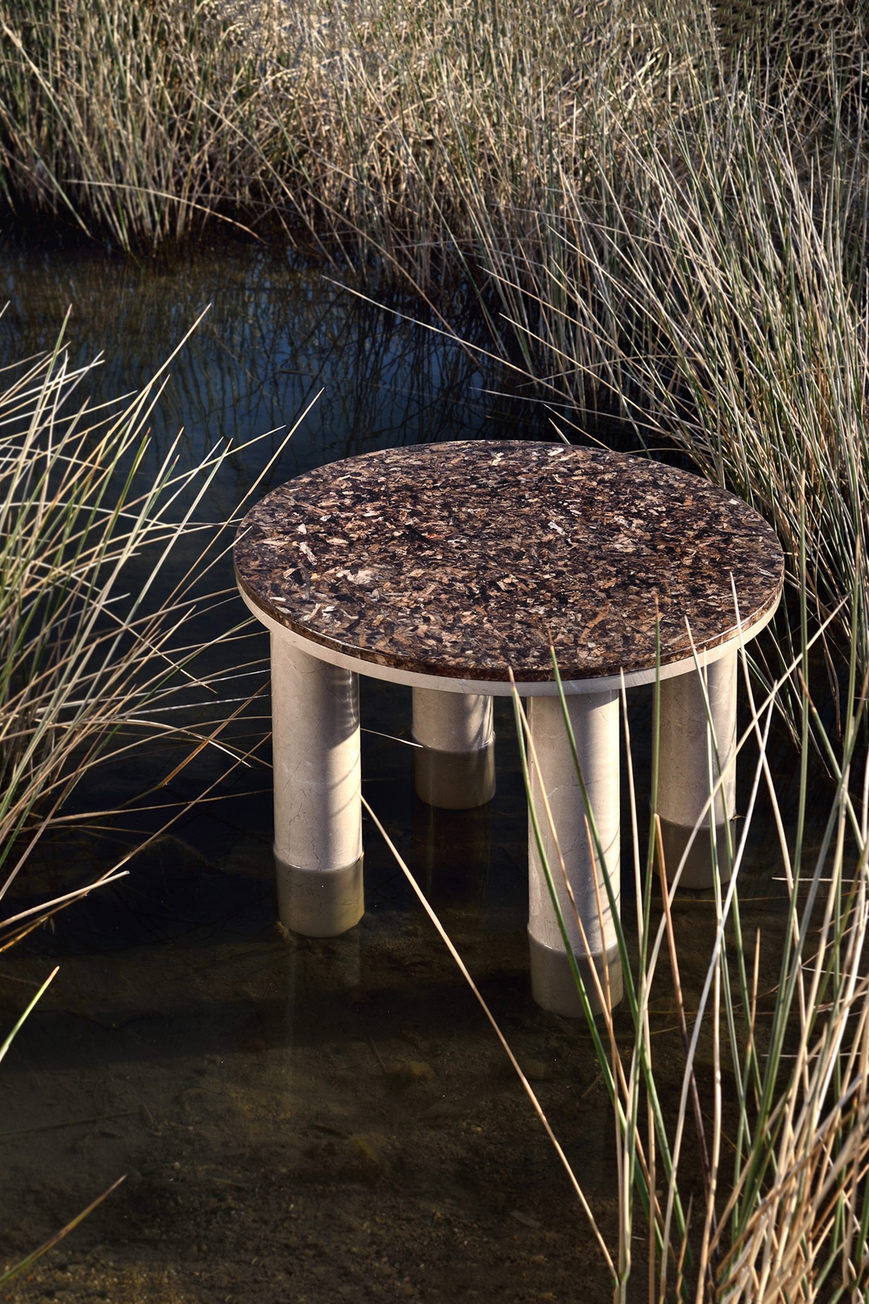 Round Oceanides table by Alex Mint in a grassy wetland