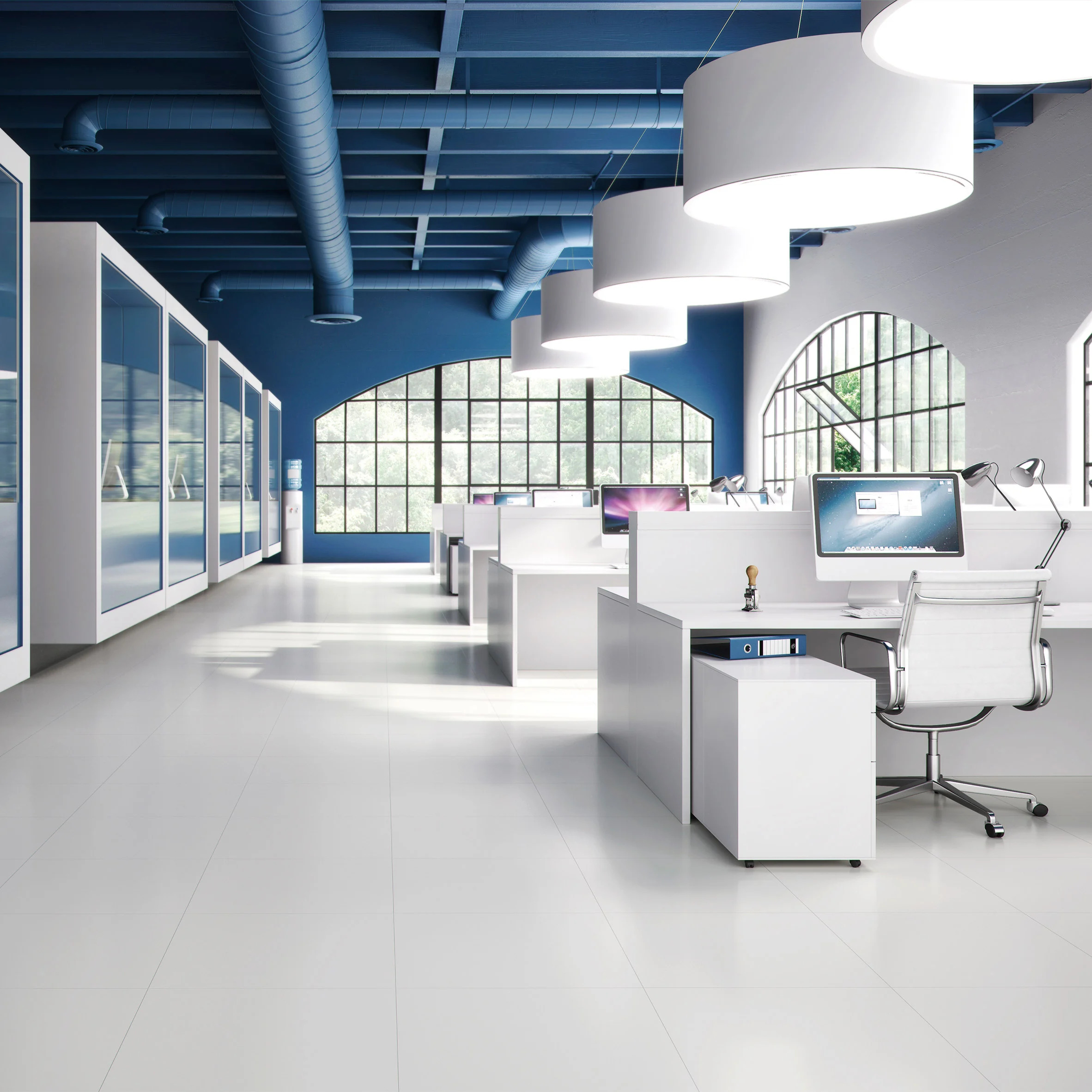 White Chart tiles on the floor of an office space