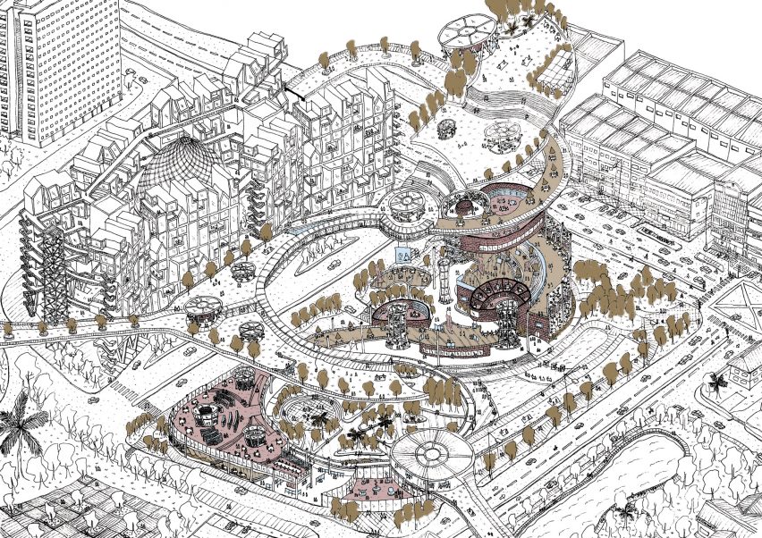 Hand drawn axonometric site plan in brown outlines