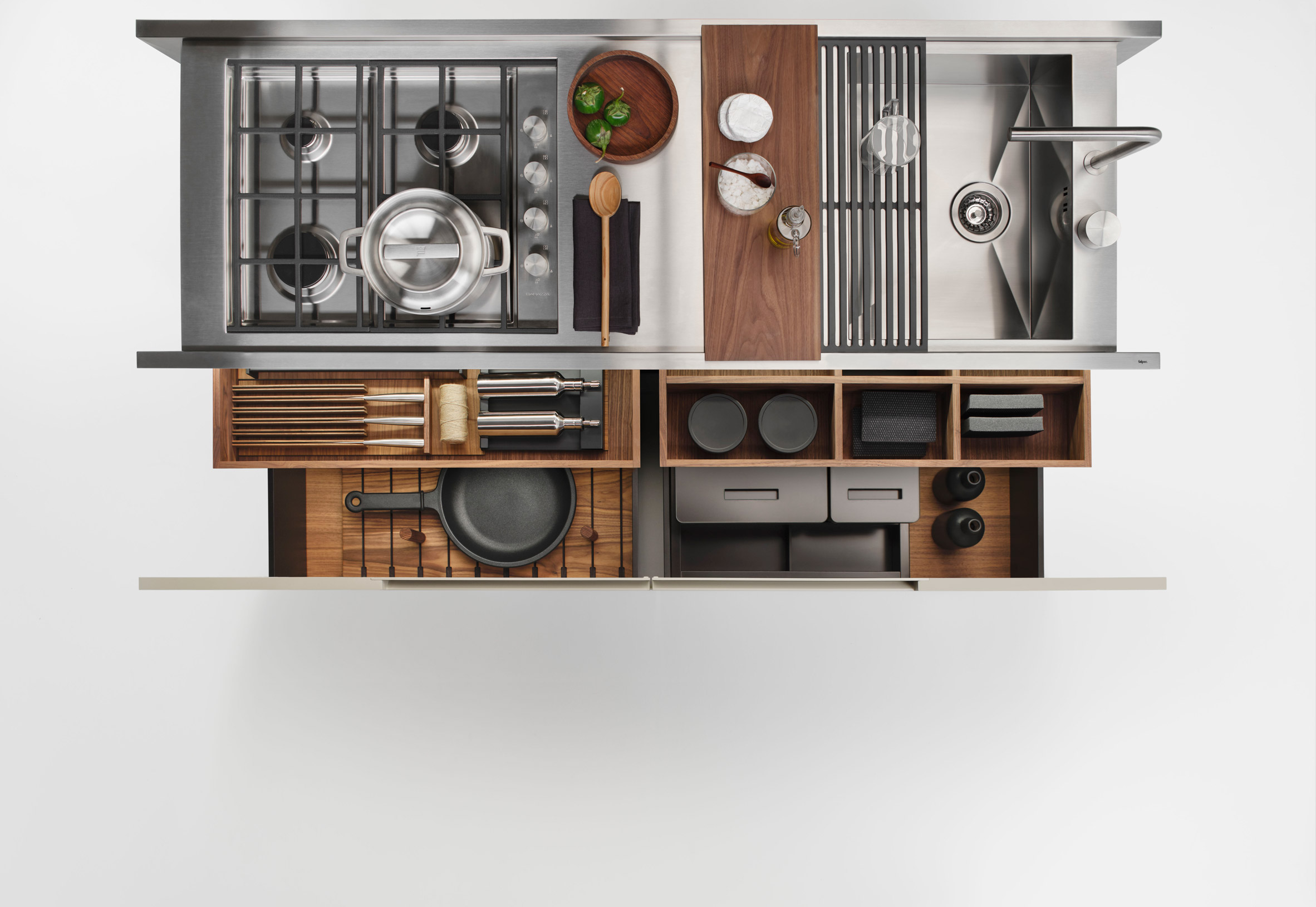 Aerial view of Small Living Kitchens – islands by Falper with drawers open