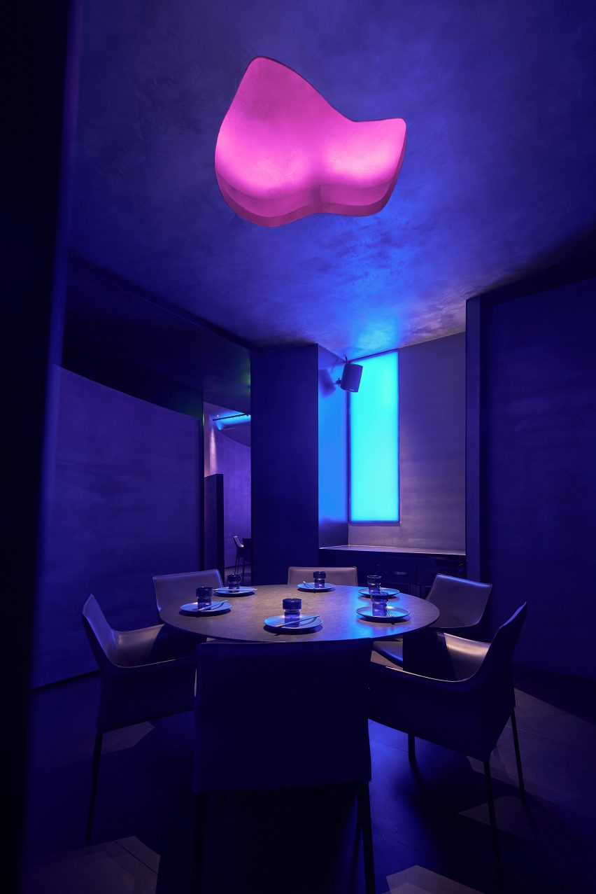 Blue-tinged interior of Taste of Dadong restaurant