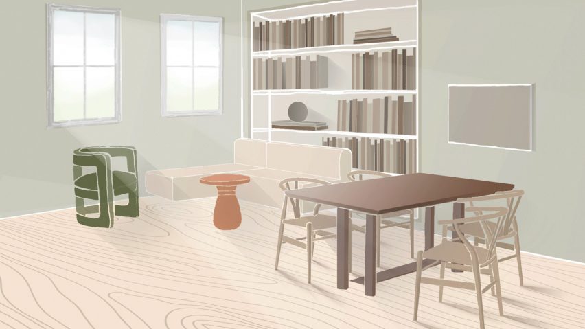 Render of an interior space with dining table, chairs and a bookcase
