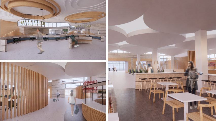 Three interior renders of an airport design