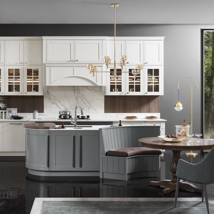 Turnadot kitchen island in grey with white kitchen wall cabinets