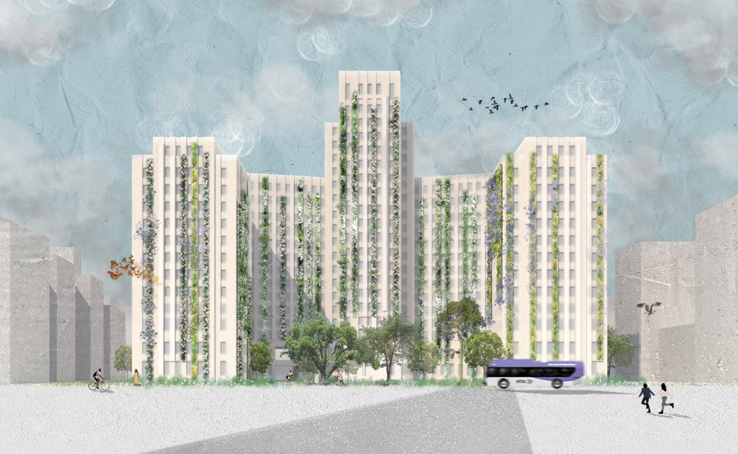 Elevation of a high rise building with a painterly sky by a student at Tulane University